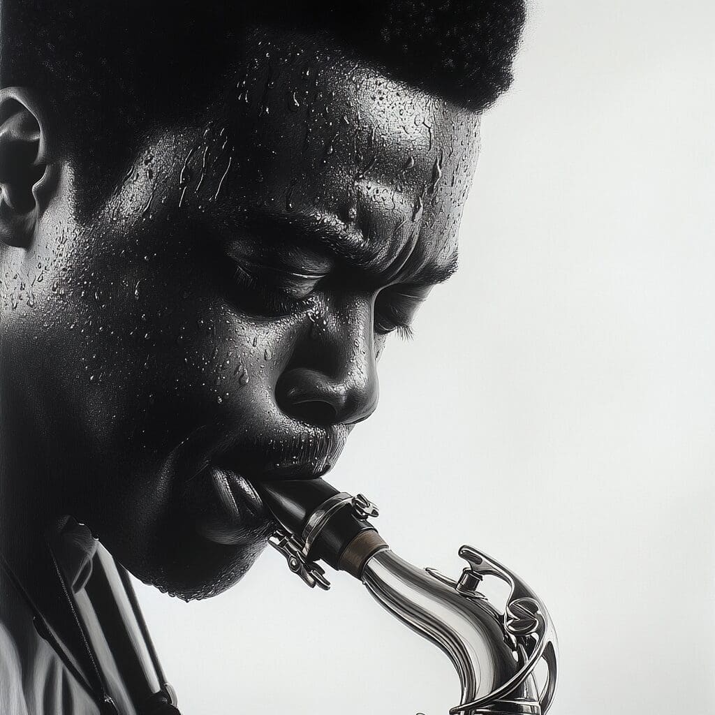 Man intensely playing a saxophone.